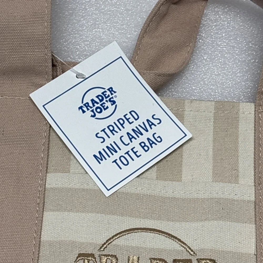 New Trader Joe's Mini tan summer 2026 Striped Canvas Tote Bag‎